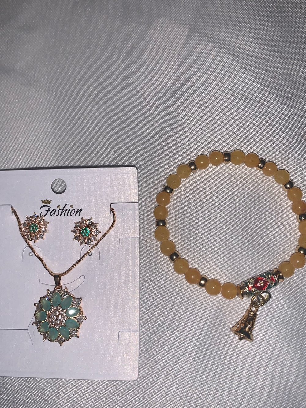 Gold & Blue/Green Accent Necklace & Earrings with Free Bracelet!!